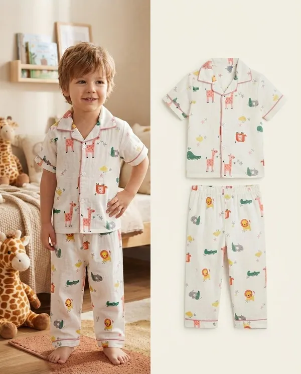 White_Muslin_Relaxed_Fit_Animal_Print_Night_Suit_For_Kids