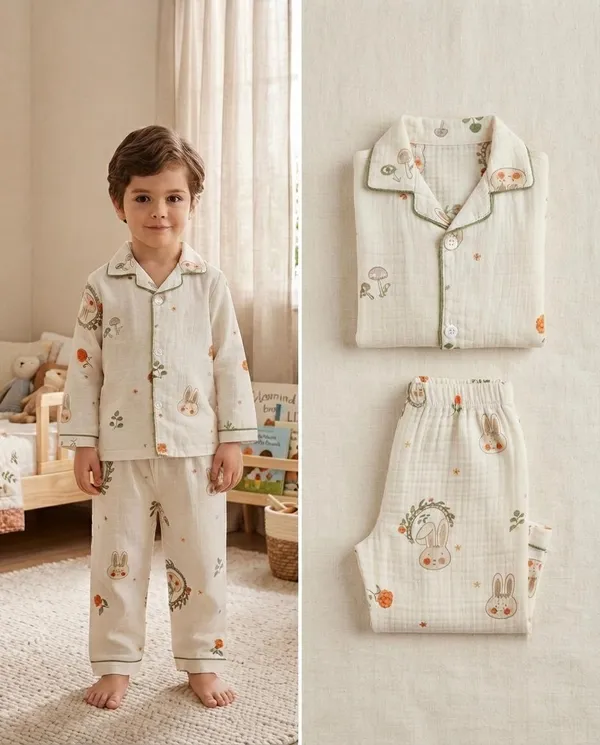 Cream_Muslin_Relaxed_Fit_Bunny_Floral_Print_Night_Suit_For_Kids