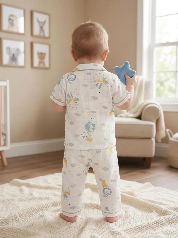 White_Muslin_Relaxed_Fit_Printed_Button_Up_Night_Suit_For_Babies