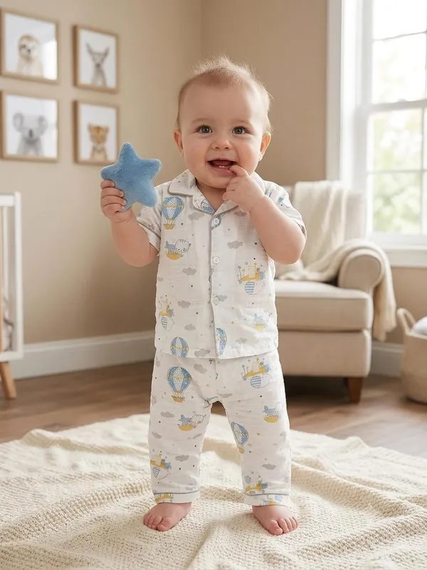 White_Muslin_Relaxed_Fit_Printed_Button_Up_Night_Suit_For_Babies