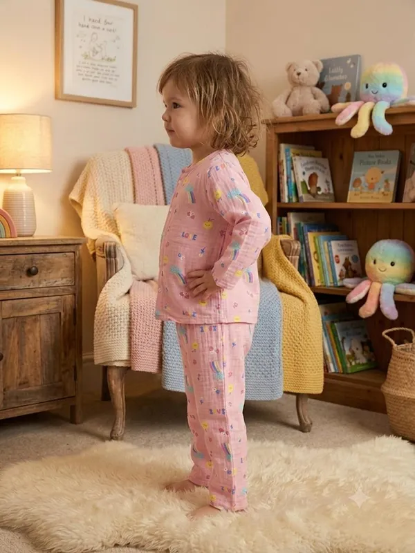 Pink_Muslin_Relaxed_Fit_Rainbow_Print_Night_Suit_For_Kids