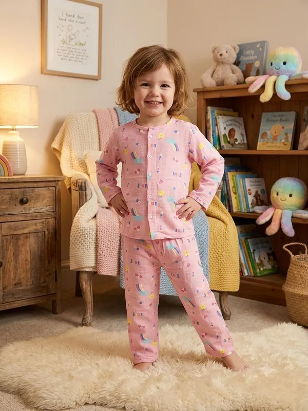 Pink_Muslin_Relaxed_Fit_Rainbow_Print_Night_Suit_For_Kids