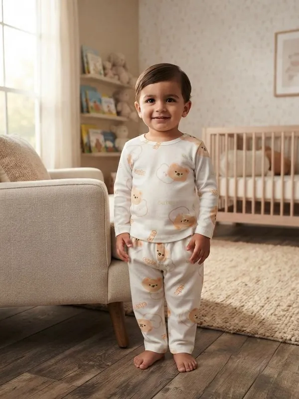 White_Bamboo_Teddy_Print_Night_Suit_For_Babies