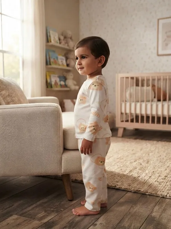 White_Bamboo_Teddy_Print_Night_Suit_For_Babies