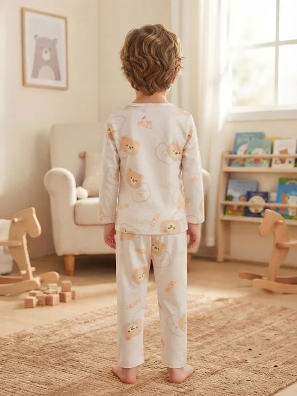 White_Bamboo_Teddy_Print_Night_Suit_For_Kids
