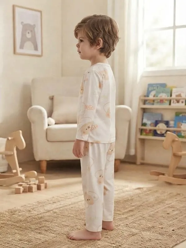 White_Bamboo_Teddy_Print_Night_Suit_For_Kids