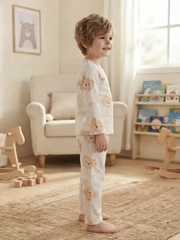 White_Bamboo_Teddy_Print_Night_Suit_For_Kids