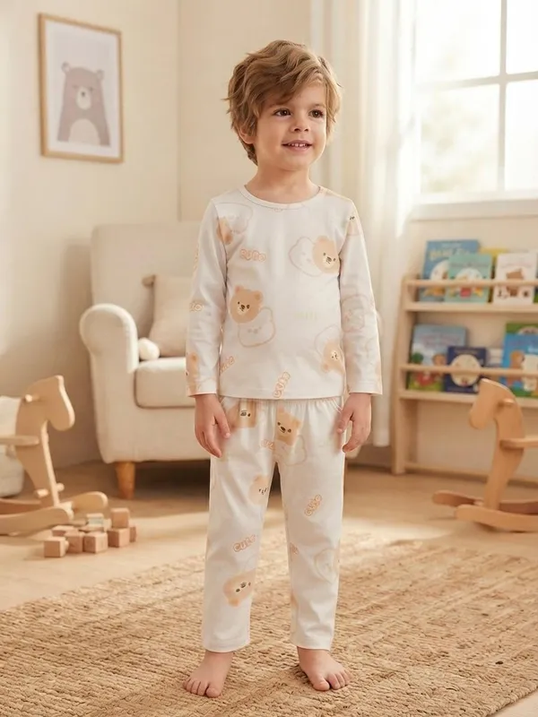 White_Bamboo_Teddy_Print_Night_Suit_For_Kids
