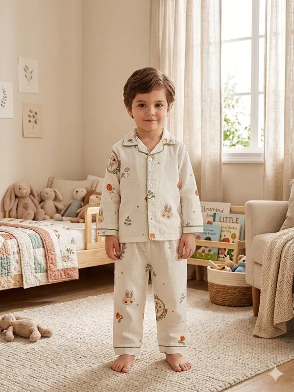 Cream_Muslin_Relaxed_Fit_Bunny_Floral_Print_Night_Suit_For_Kids