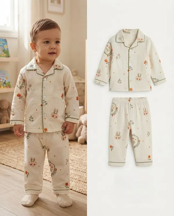 Cream_Muslin_Relaxed_Fit_Bunny_Floral_Print_Night_Suit_For_Babies