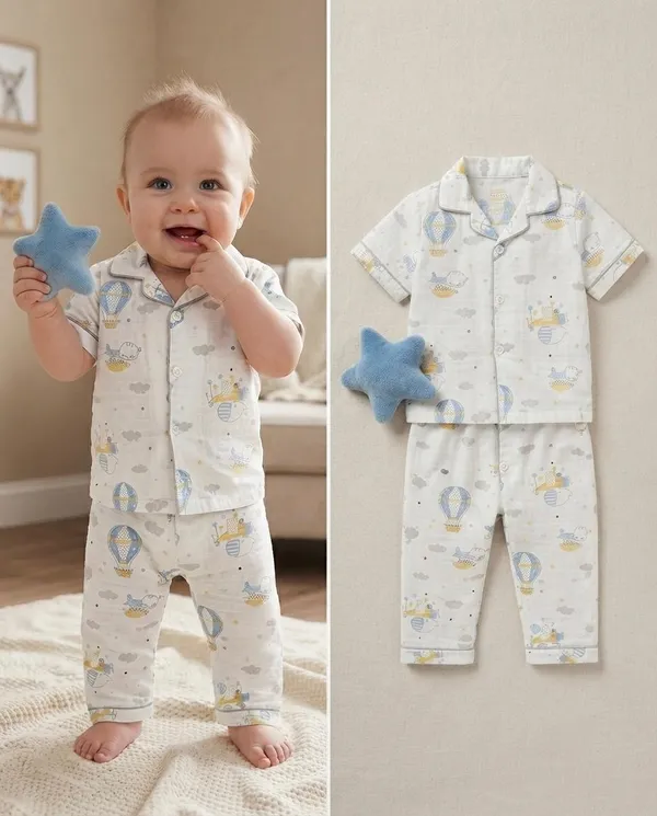 White_Muslin_Relaxed_Fit_Printed_Button_Up_Night_Suit_For_Babies