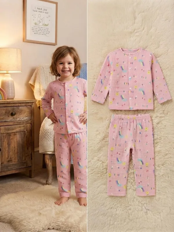 Pink_Muslin_Relaxed_Fit_Rainbow_Print_Night_Suit_For_Kids