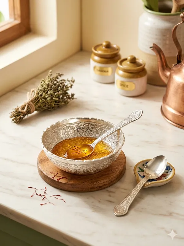 Silver_Tone_Floral_Embossed_Bowl_And_Spoon_Set