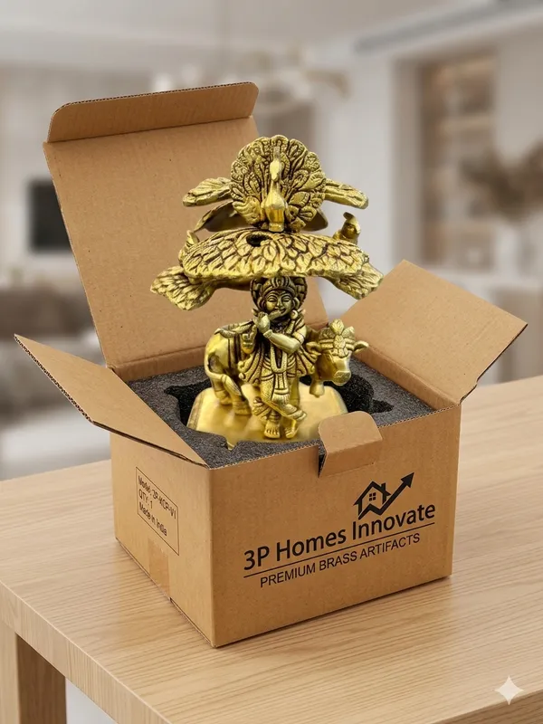 Gold-Toned_Religious_Krishna_Idol_with_Cow_and_Peacock