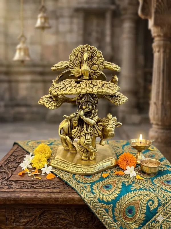 Gold-Toned_Religious_Krishna_Idol_with_Cow_and_Peacock