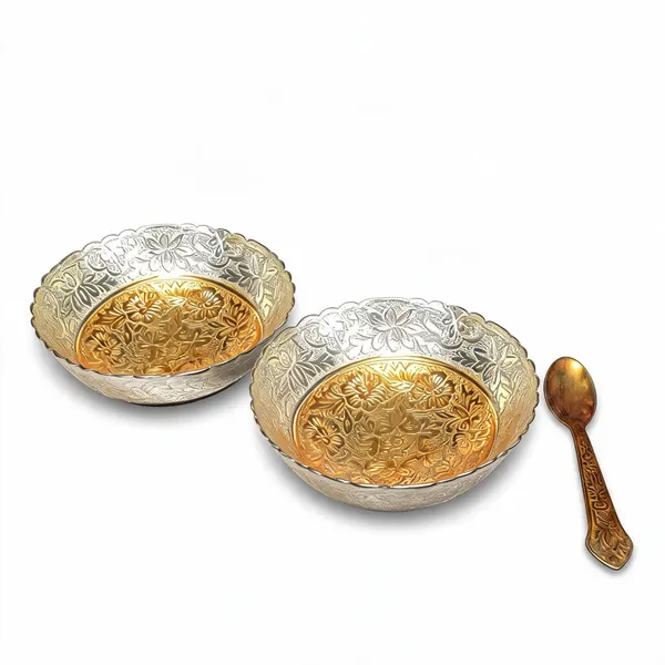 German_Silver_Festive_Floral_Gold_Silver_Plated_Bowl_Set_Of_2_-_Pack_of_2
