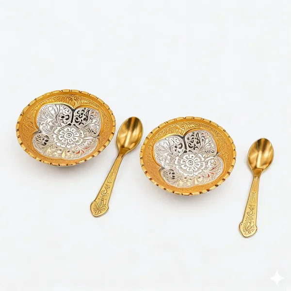 German_Silver_Festive_Floral_Gold_Silver_Plated_Bowl_Set_Of_2_-_Pack_of_2