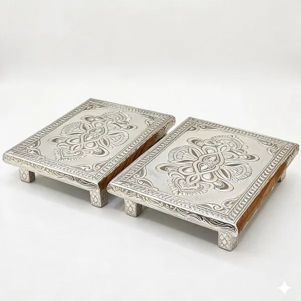 Wood_Traditional_Floral_Silver_Plated_Rectangle_Chowki_-_Pack_of_2