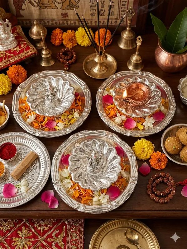 Puja_Diya_with_attached_plate_(Pack_of_3)_-_Pure_German_Silver