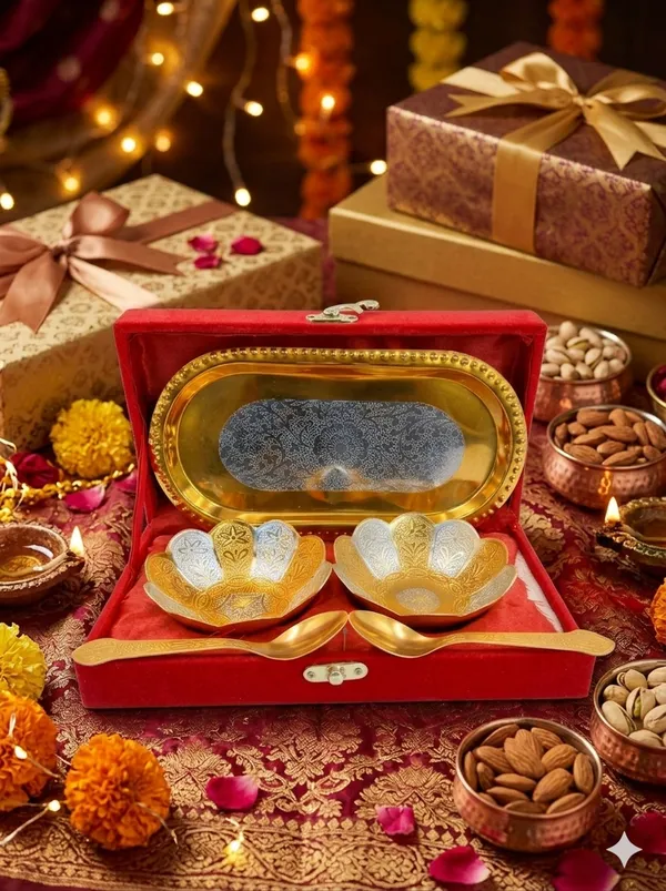 Gold_Tone_Floral_Pattern_Serving_Tray_Bowl_Spoon_Set