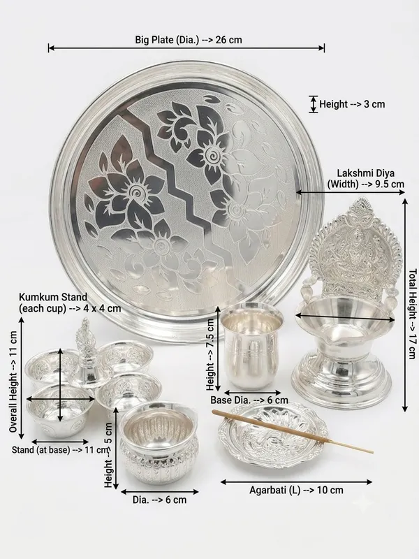 Big_Plate_&_Kamakshi_Diya_&_Glass_&_kalash_&_Agarbati_stand_&_Kumkum_-_Pure_German_Silver
