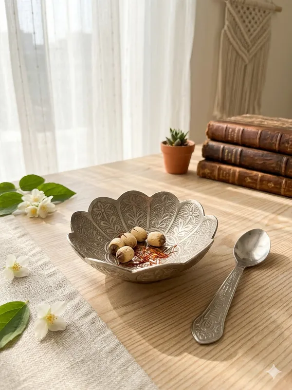 Silver-Tone_Floral_Embossed_Decorative_Bowl_With_Spoon