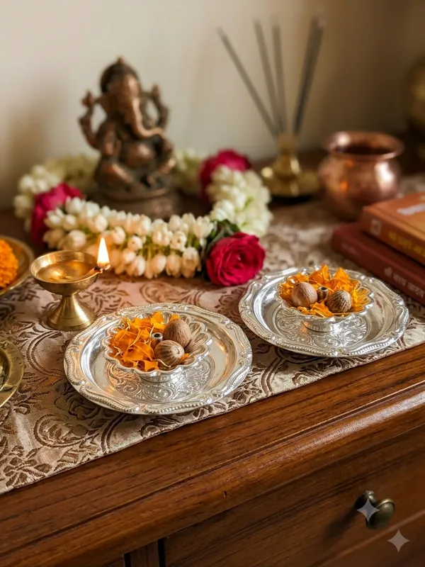 Puja_Diya_with_attached_plate_(Pack_of_2)_-_Pure_German_Silver