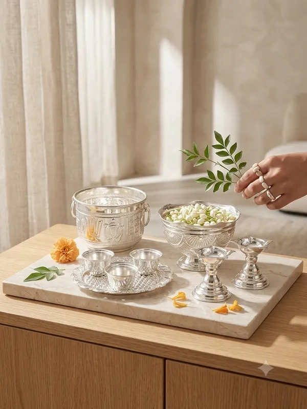Shanku_Chakra_Namam_Prasadam_Bowl_&_Pedestal_Bowl_&_Haldi_Kumkum_Platter_Set_&_Pooja_Diyas_-_Pure_German_Silver