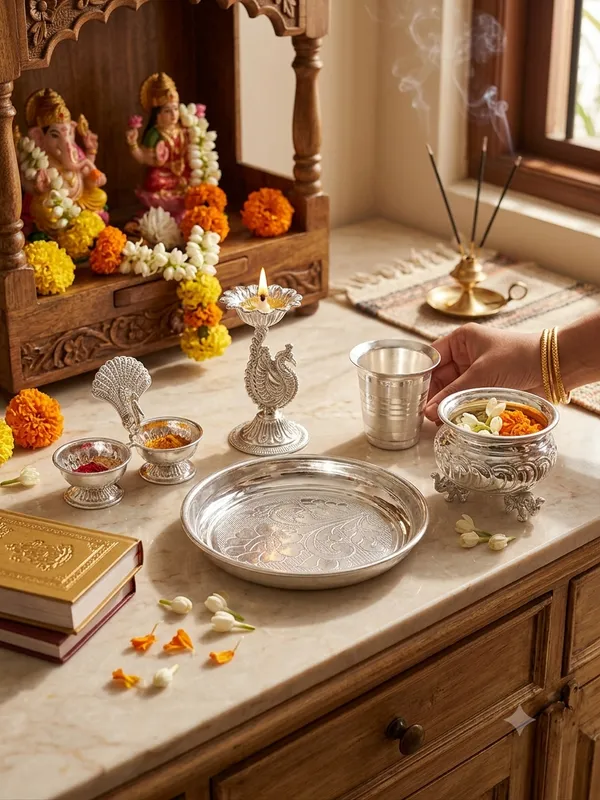 Plate_&_Peacock_Diya_&_small_Glass_&_Haldi_Kumkum_Stand_-_Pure_German_Silver