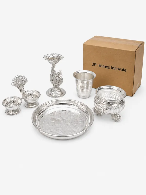 Plate_&_Peacock_Diya_&_small_Glass_&_Haldi_Kumkum_Stand_-_Pure_German_Silver