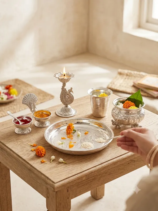 Plate_&_Peacock_Diya_&_small_Glass_&_Haldi_Kumkum_Stand_-_Pure_German_Silver
