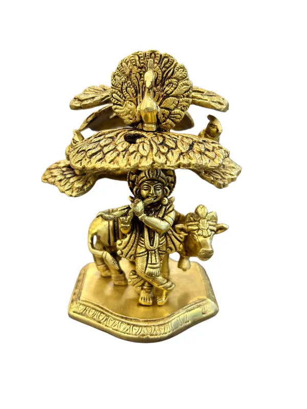 Gold-Toned_Religious_Krishna_Idol_with_Cow_and_Peacock