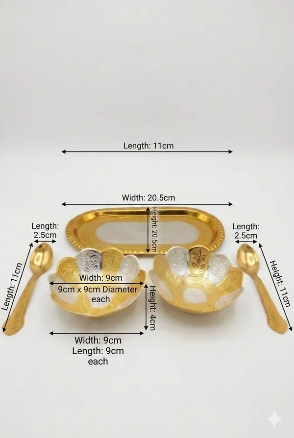 Gold_Tone_Floral_Pattern_Serving_Tray_Bowl_Spoon_Set