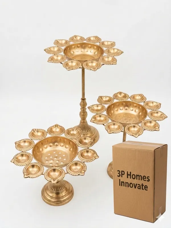 Metal_Traditional_Embossed_Three_Piece_Diya_Stand_Set