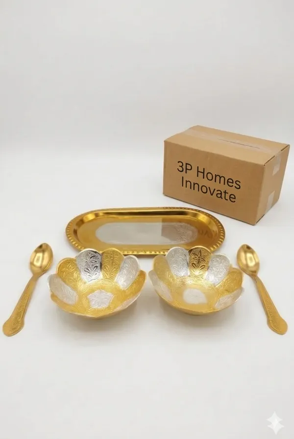 Gold_Tone_Floral_Pattern_Serving_Tray_Bowl_Spoon_Set