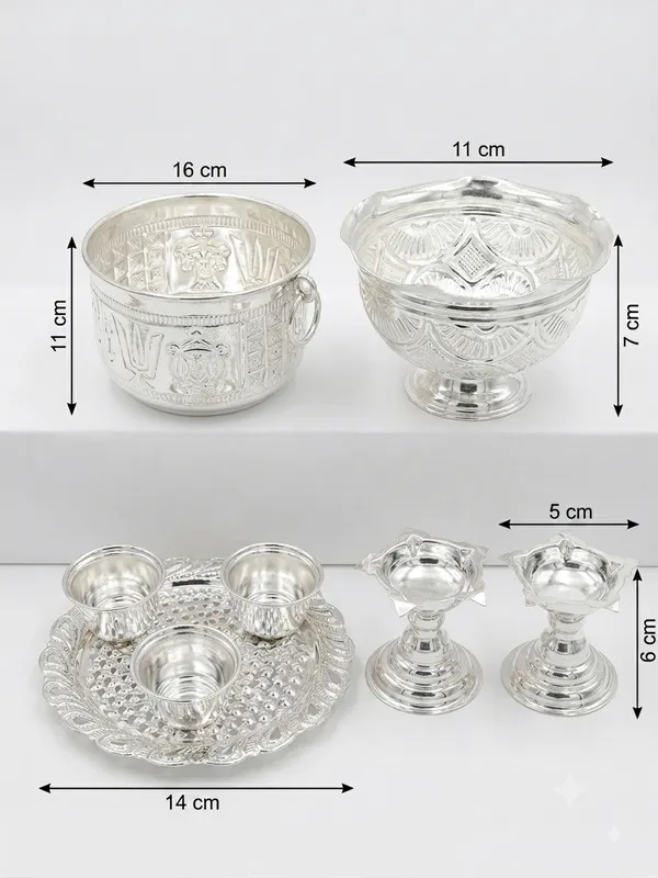 Shanku_Chakra_Namam_Prasadam_Bowl_&_Pedestal_Bowl_&_Haldi_Kumkum_Platter_Set_&_Pooja_Diyas_-_Pure_German_Silver