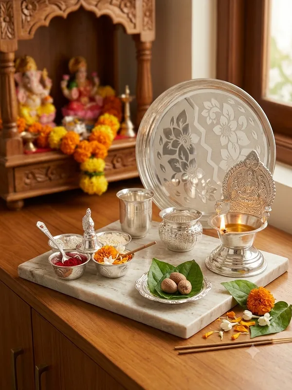 Big_Plate_&_Kamakshi_Diya_&_Glass_&_kalash_&_Agarbati_stand_&_Kumkum_-_Pure_German_Silver