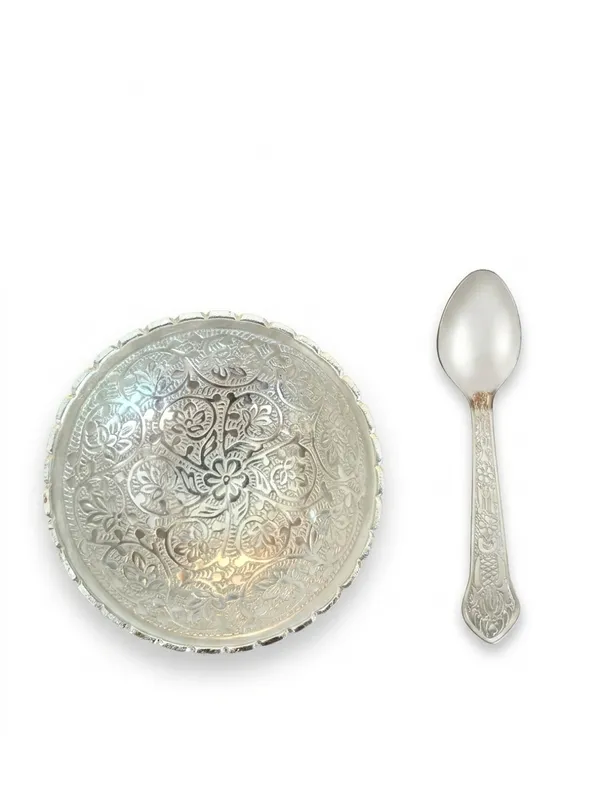 Silver_Tone_Floral_Embossed_Bowl_And_Spoon_Set
