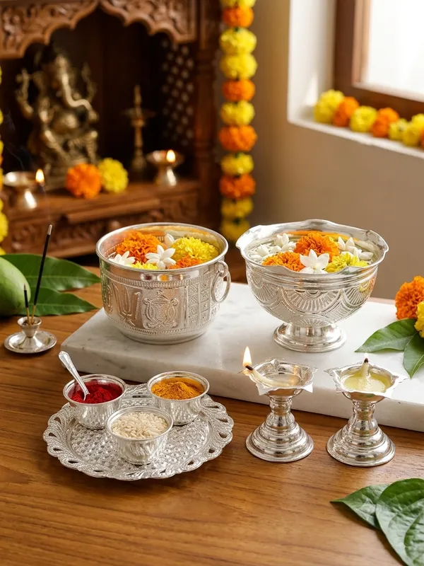 Shanku_Chakra_Namam_Prasadam_Bowl_&_Pedestal_Bowl_&_Haldi_Kumkum_Platter_Set_&_Pooja_Diyas_-_Pure_German_Silver