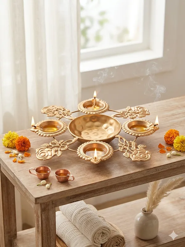 Metal_Floral_Design_Four_Diya_Set_With_Centre_Bowl