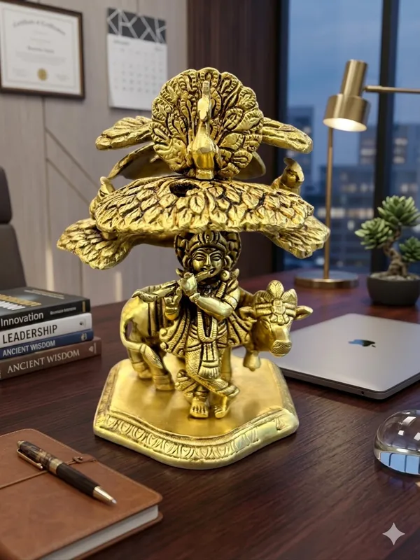 Gold-Toned_Religious_Krishna_Idol_with_Cow_and_Peacock