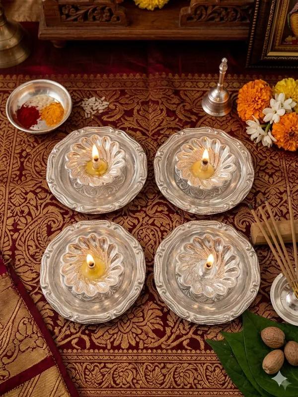 Pure_German_Silver_Puja_Diya_with_attached_plate_(Pack_of_4)