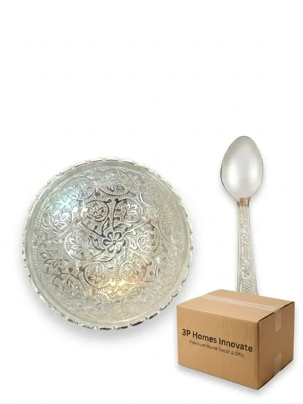 Silver_Tone_Floral_Embossed_Bowl_And_Spoon_Set