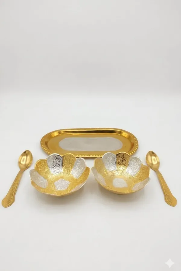 Gold_Tone_Floral_Pattern_Serving_Tray_Bowl_Spoon_Set