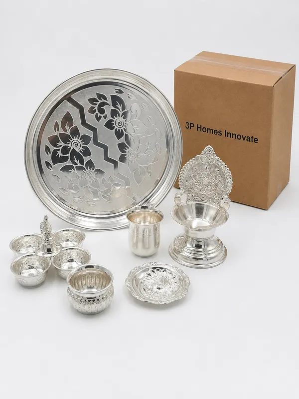 Big_Plate_&_Kamakshi_Diya_&_Glass_&_kalash_&_Agarbati_stand_&_Kumkum_-_Pure_German_Silver