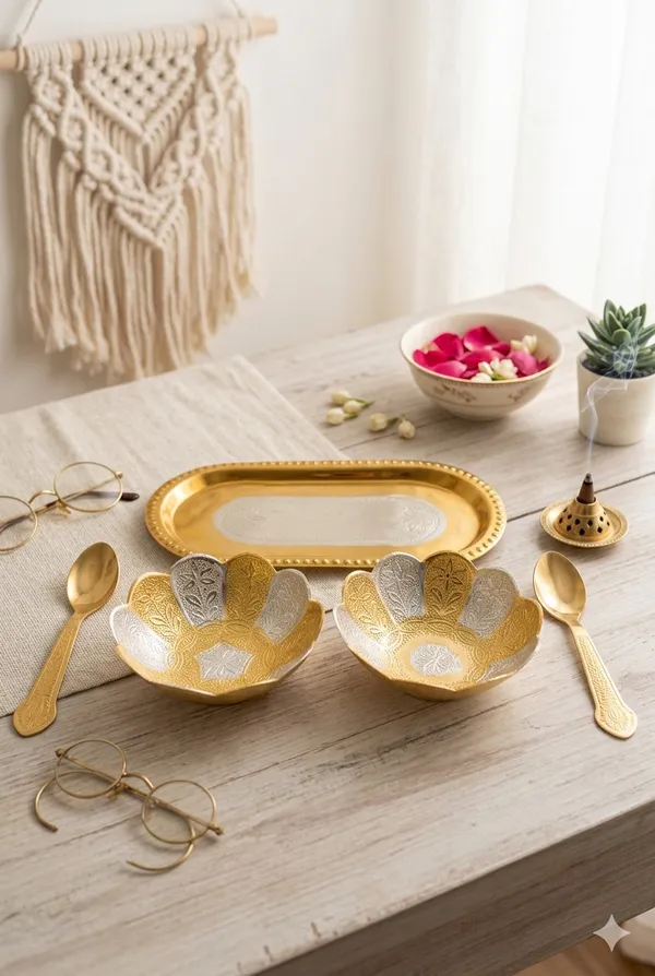 Gold_Tone_Floral_Pattern_Serving_Tray_Bowl_Spoon_Set