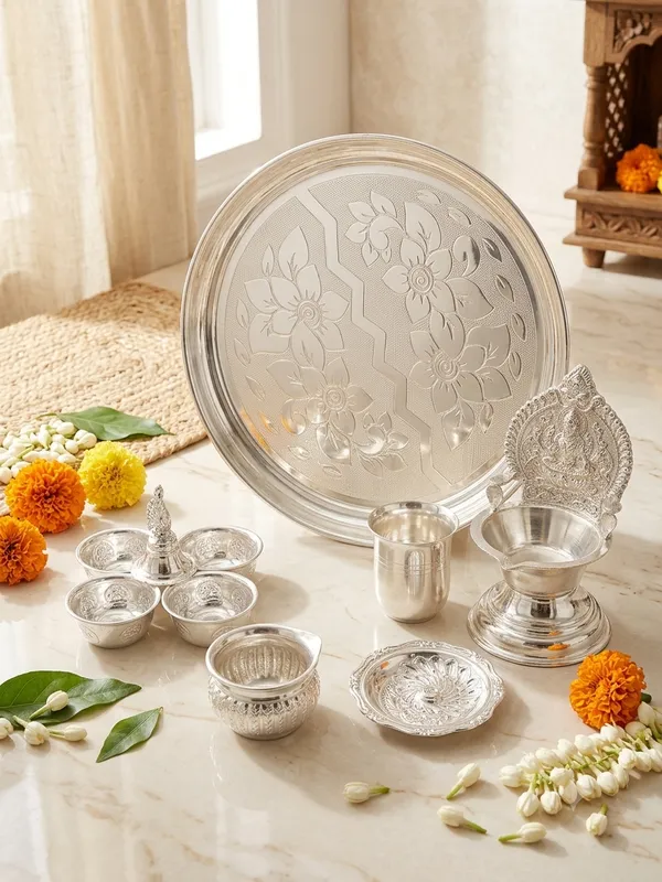Big_Plate_&_Kamakshi_Diya_&_Glass_&_kalash_&_Agarbati_stand_&_Kumkum_-_Pure_German_Silver