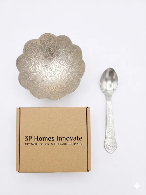 Silver-Tone_Floral_Embossed_Decorative_Bowl_With_Spoon