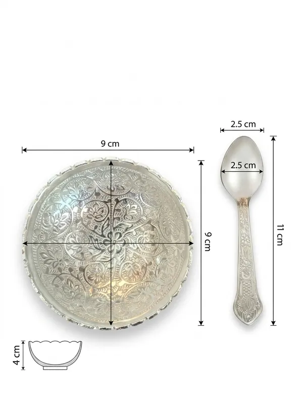 Silver_Tone_Floral_Embossed_Bowl_And_Spoon_Set