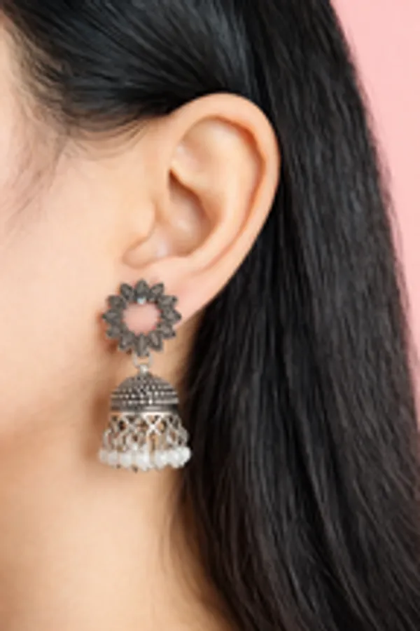 Floral_Bloom_Oxidised_Silver_Jhumkas_With_Pearl_Drops